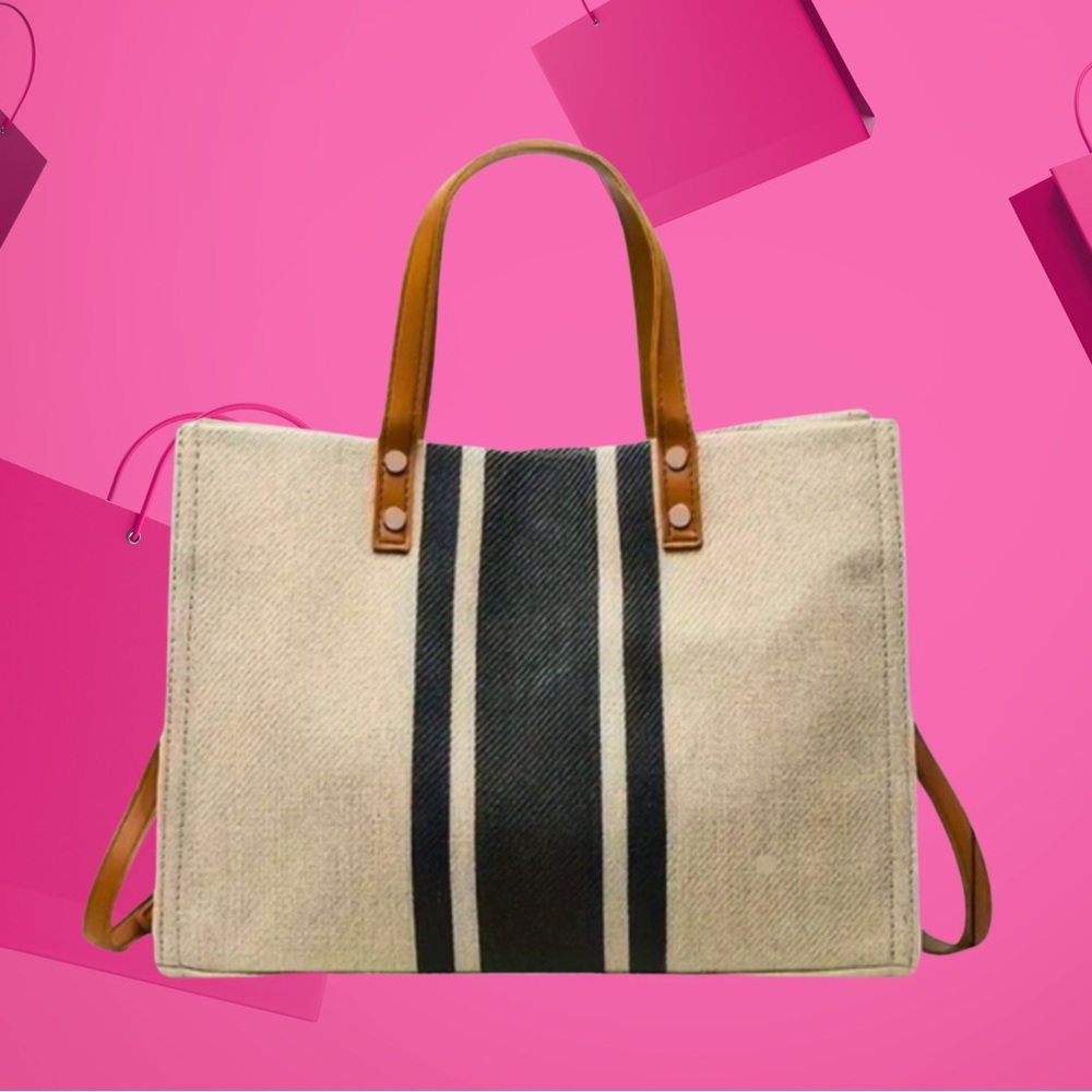 Tote Classic Tan and Black Striped NEW
